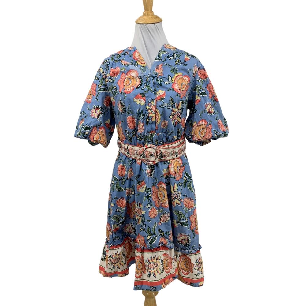 Joie Dress Women 2 BlueJay Tiered Ruffle Elbow Puff Sleeves Belted Floral V Neck